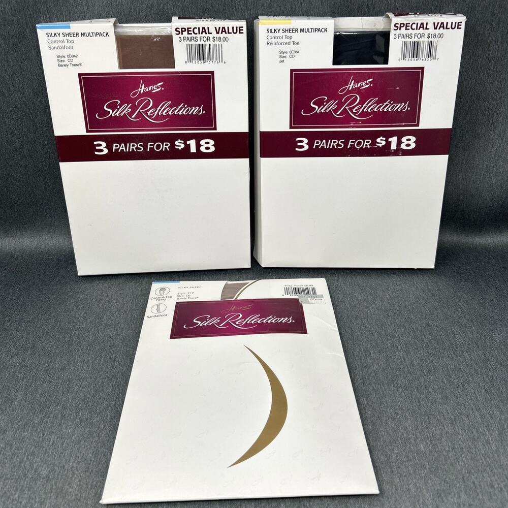 3pk VTG Hanes Pantyhose Silk Reflections Size CD Silky Sheer Hosiery Multipack